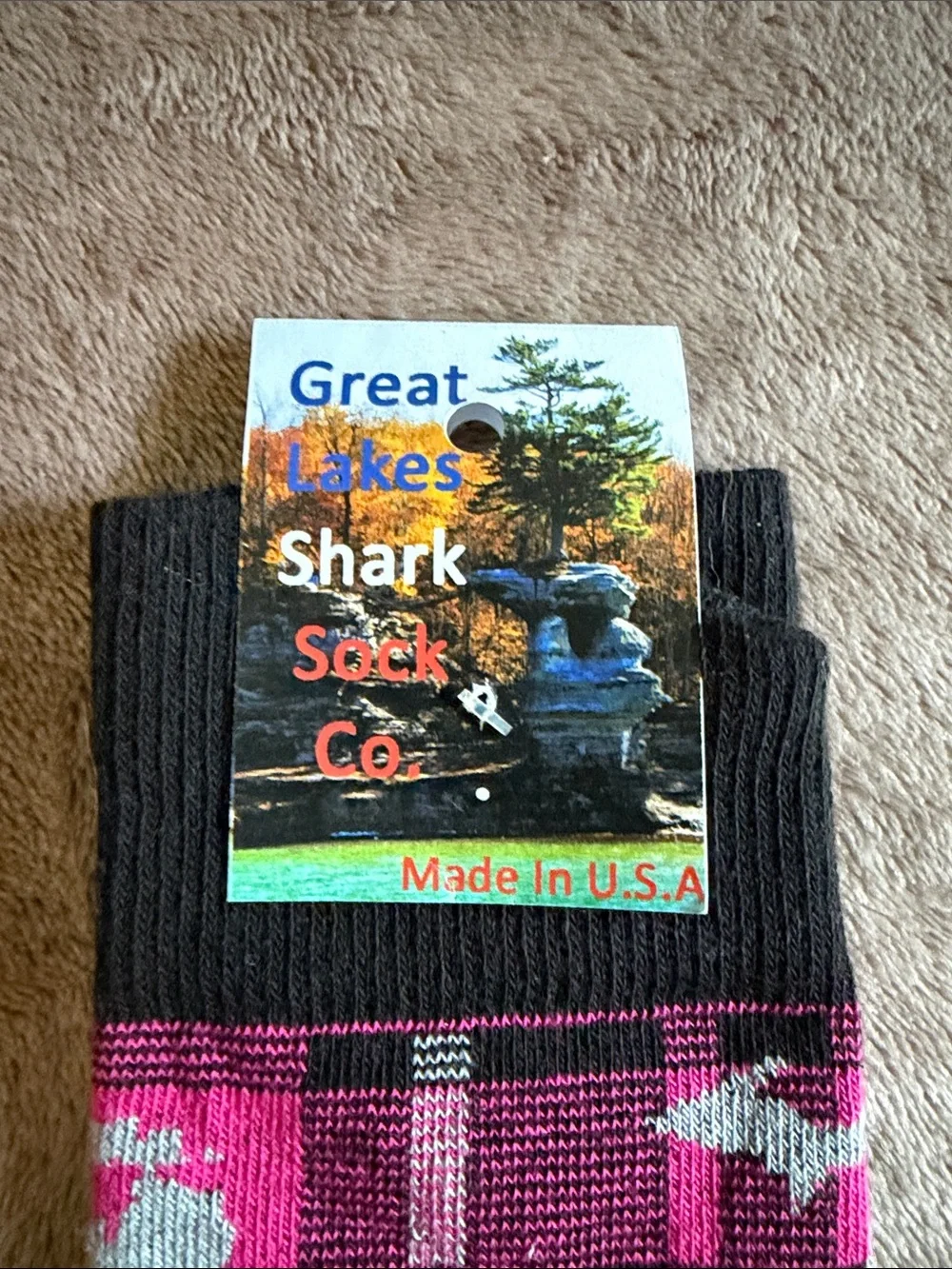 Pink Plaid Crew Socks with Shark Motif